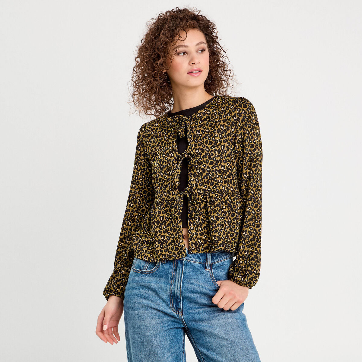 Blouse nou&eacute;e manches longues vert kaki femme