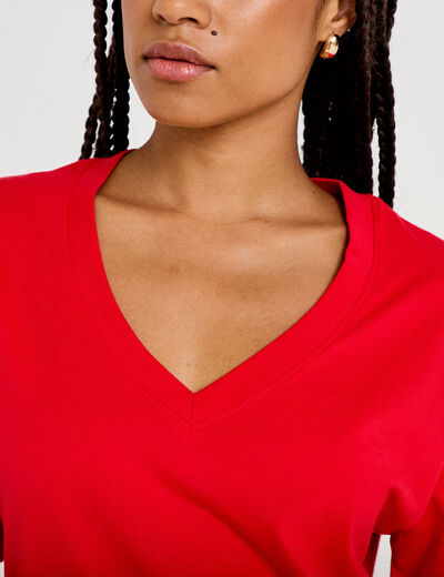 T-shirt col v manches courtes rouge femme