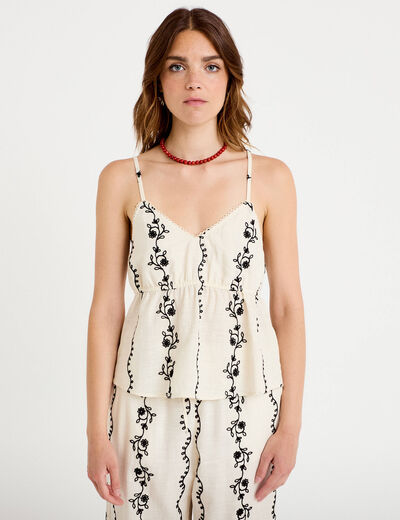 Top col v fines bretelles brod&eacute; blanc femme