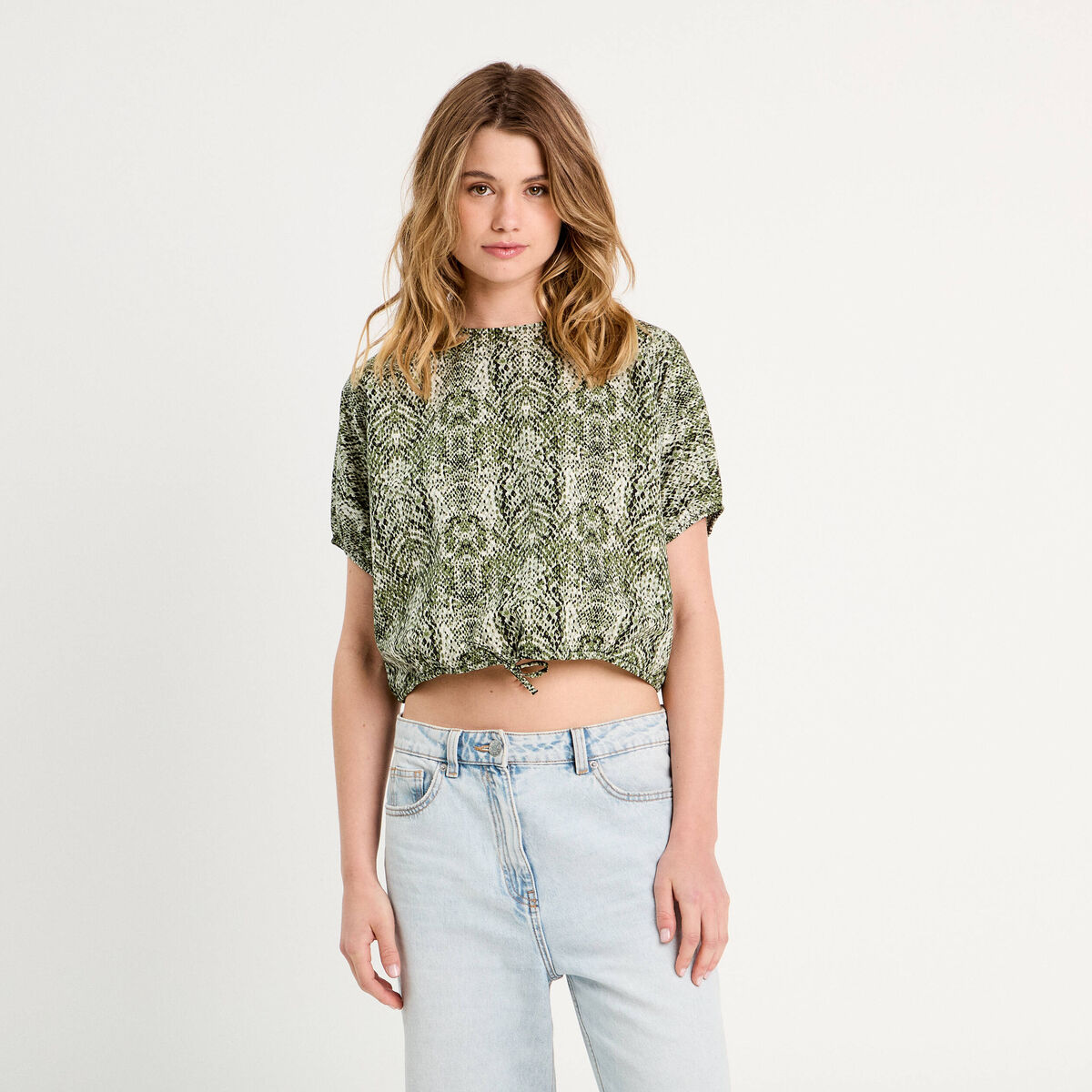 Blouse noeud manches courtes vert kaki femme