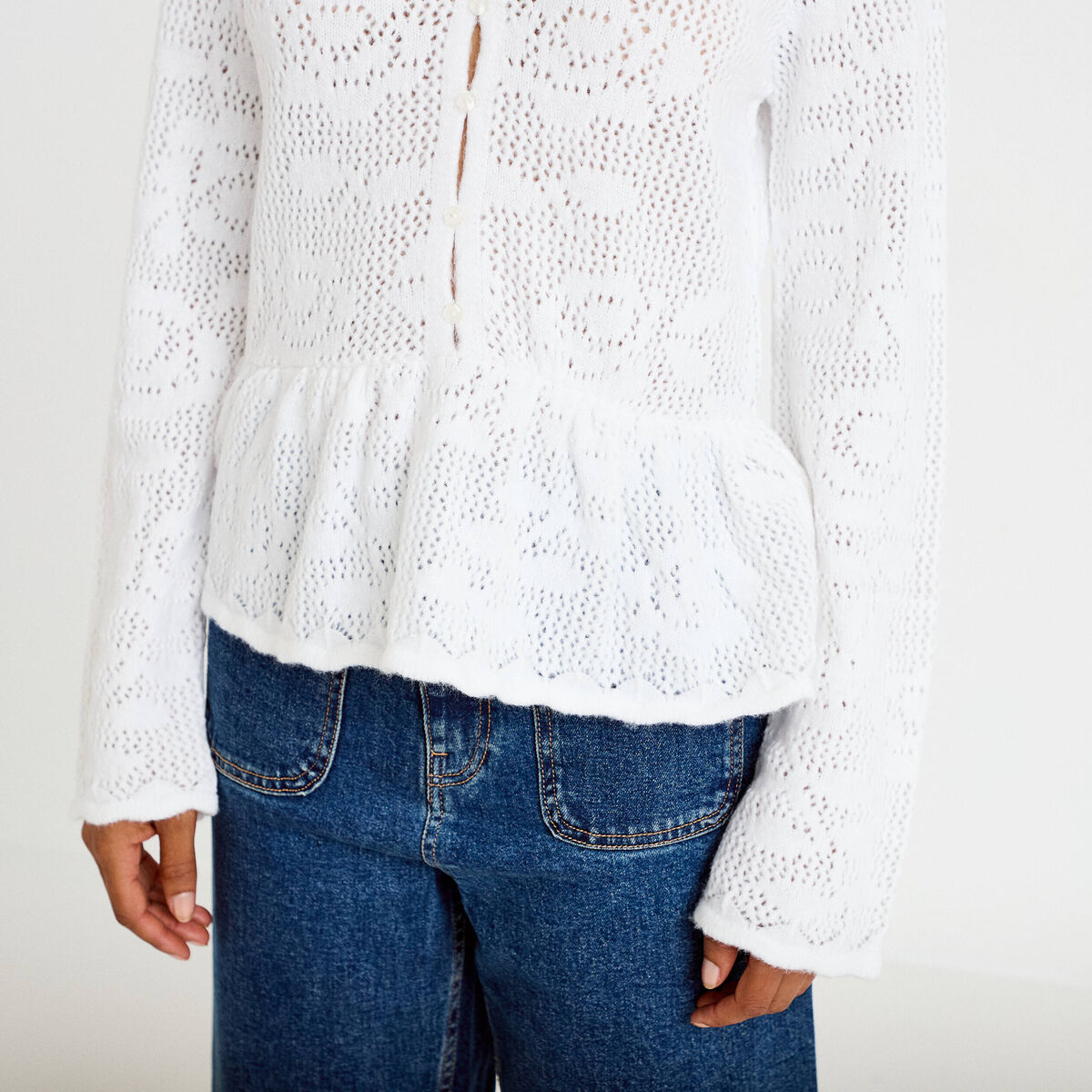 Pull ajour&eacute; p&eacute;plum manches longues ecru femme