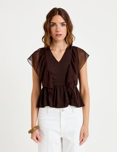 Blouse d&eacute;collet&eacute; voile manches courtes marron fonc&eacute; femme