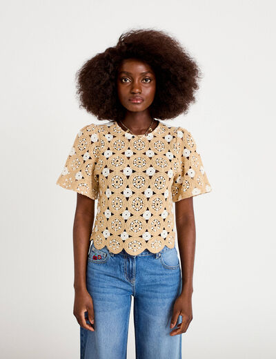 T-shirt manches courtes aspect dentelle sable femme