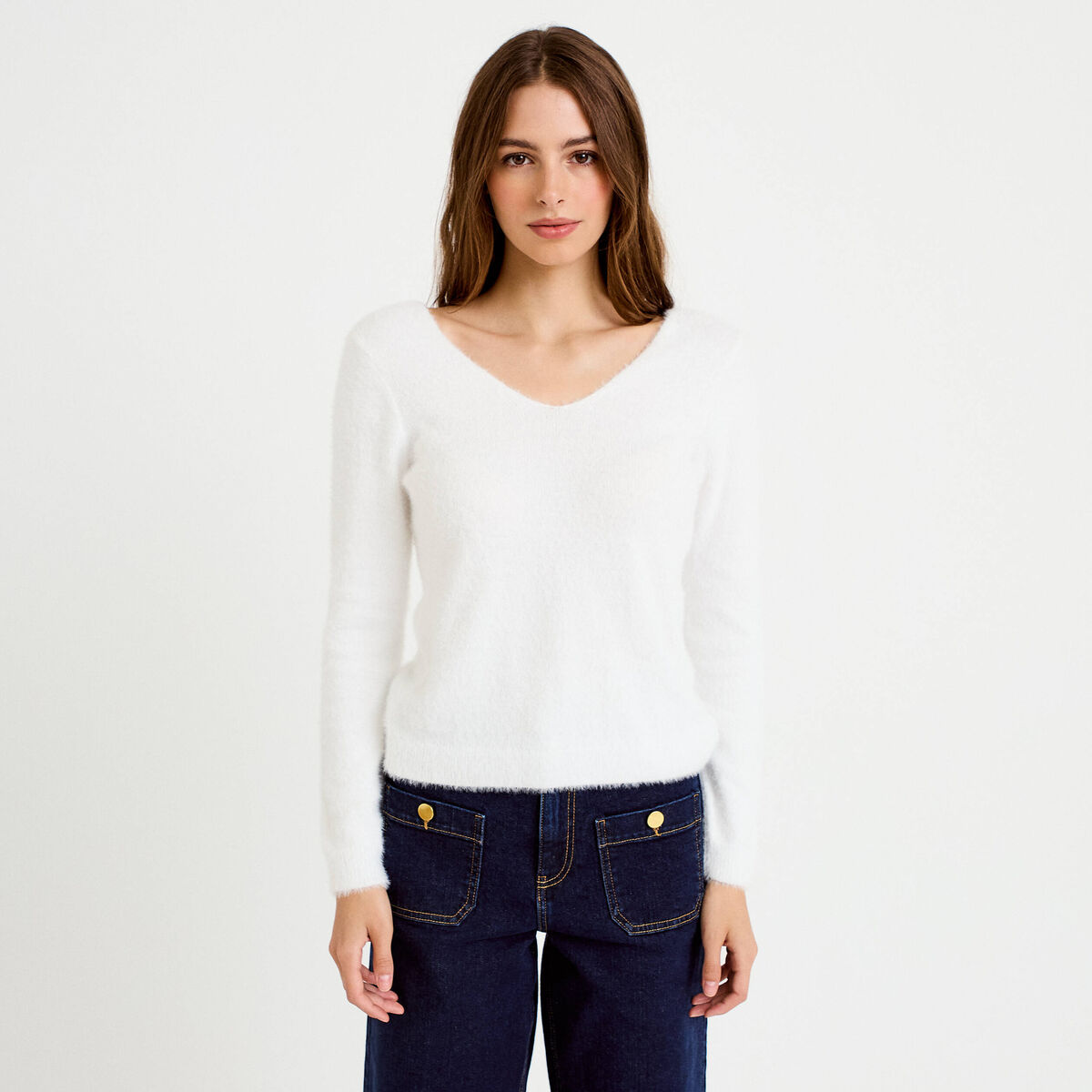 Pull col v manches longues ecru femme