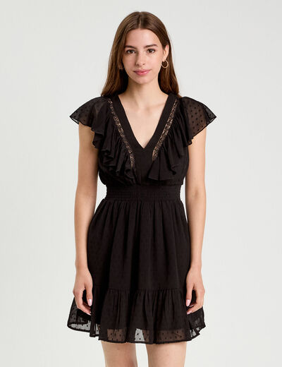 Robe évasée plumetis noir femme