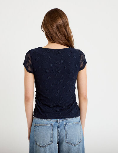 T-shirt ajust&eacute; col rond dentelle bleu marine femme