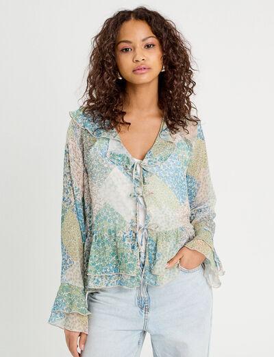 Blouse nouée manches longues bleu pastel femme