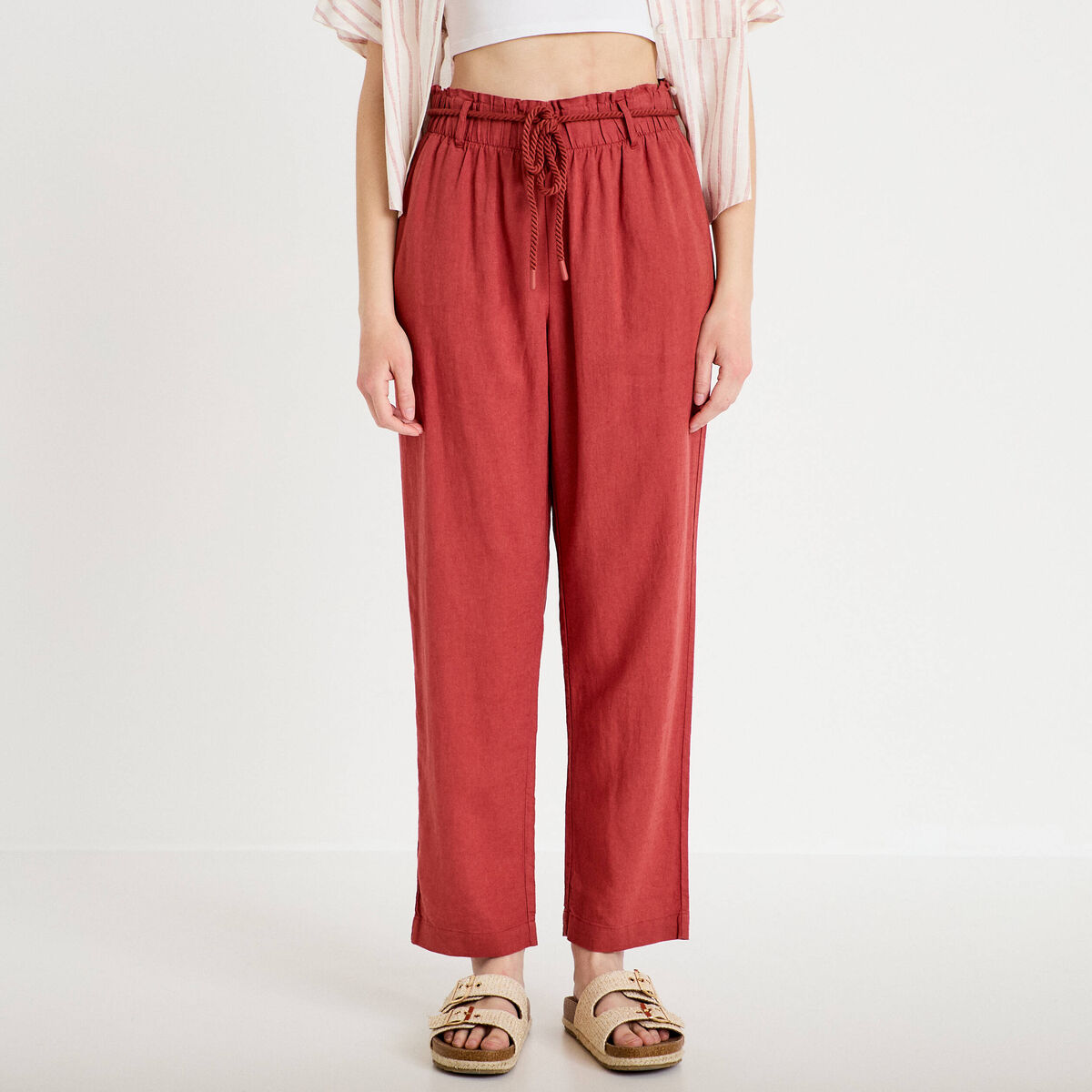 Pantalon large 7/8&egrave;me taille haute vieux rose femme