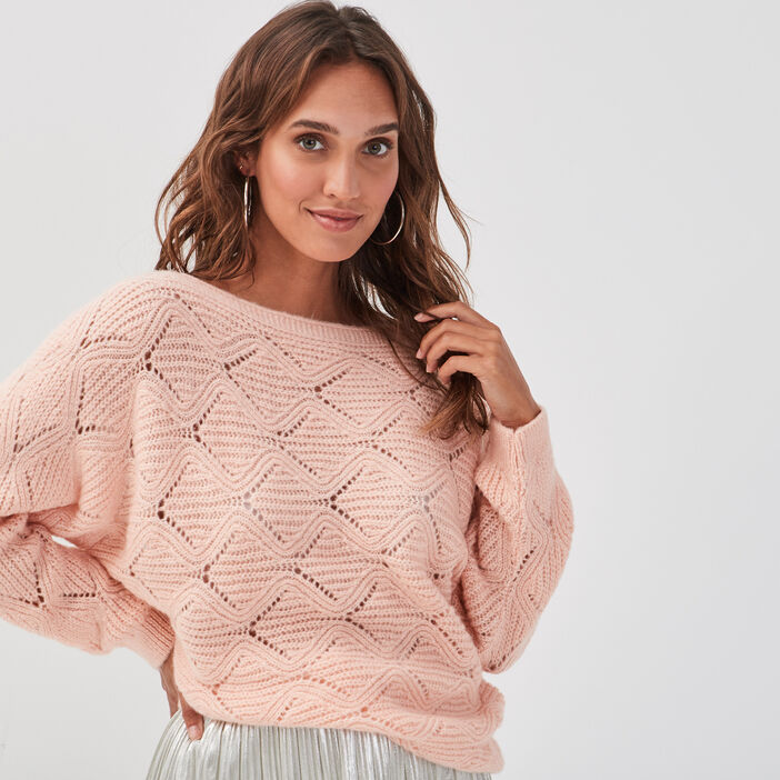Pull ajouré col bateau rose poudrée femme | Vib's