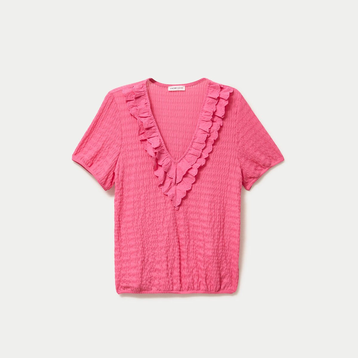 Blouse pliss&eacute;e col v manches courtes rose fushia femme