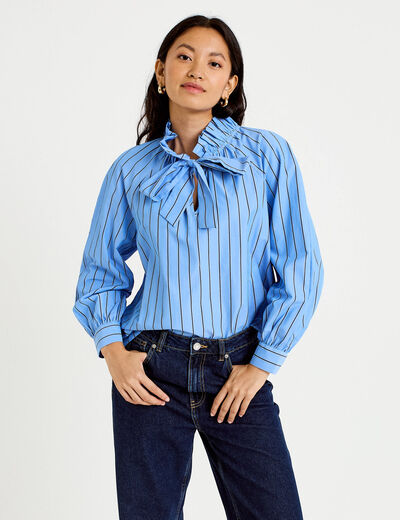 Blouse ample col montant manches longues bleu femme
