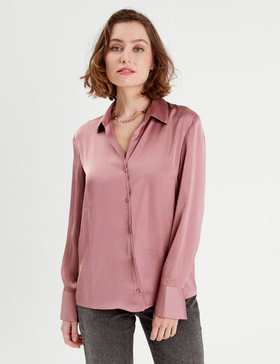 Chemise manches longues satin vieux rose femme