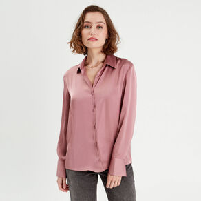 chemise manches longues satin vieux rose femme Chemise manches longues satin vieux rose femme