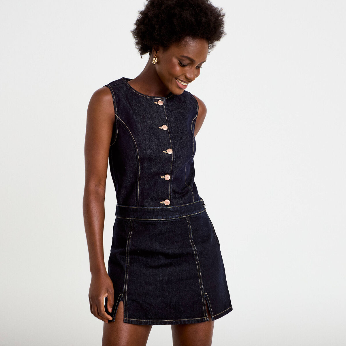 Jupe-short trap&egrave;ze en jean denim brut femme