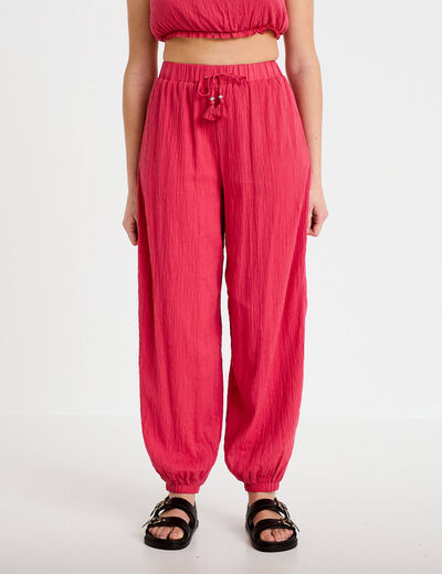 Pantalon large taille haute pliss&eacute; rose framboise femme