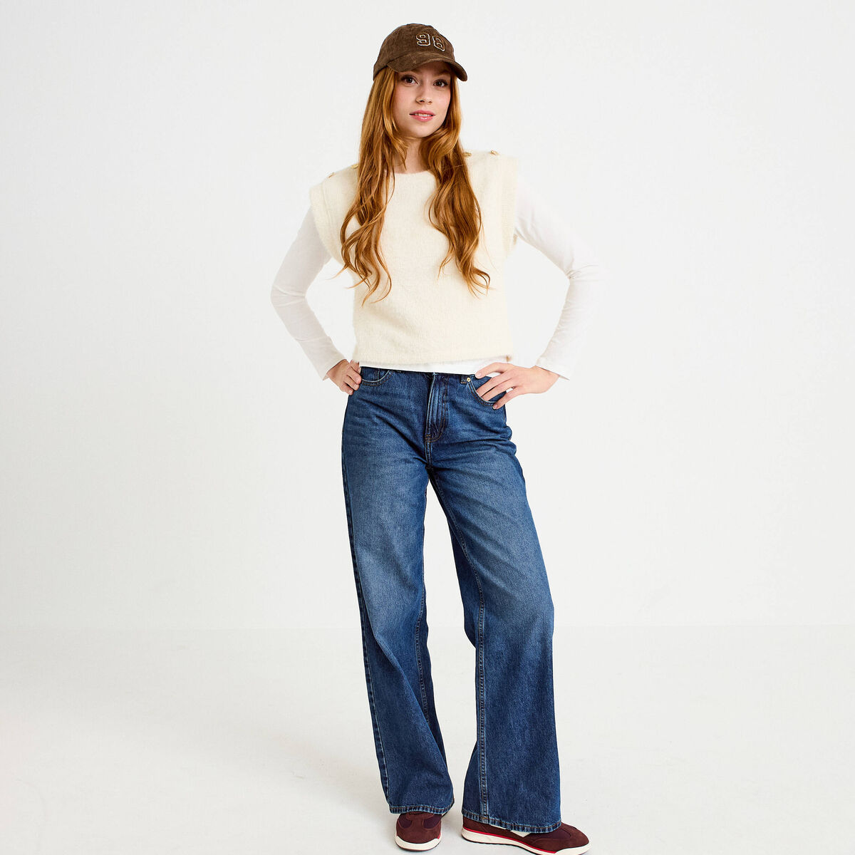 Pull 2-en-1 manches longues col rond ecru femme