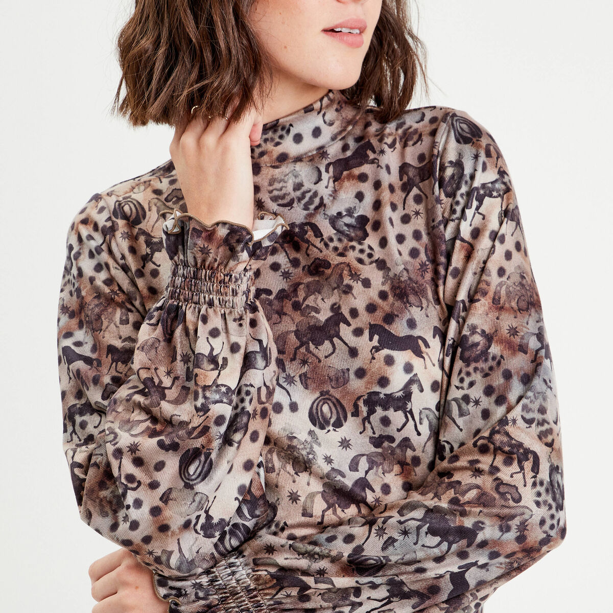 T-shirt col montant marron femme