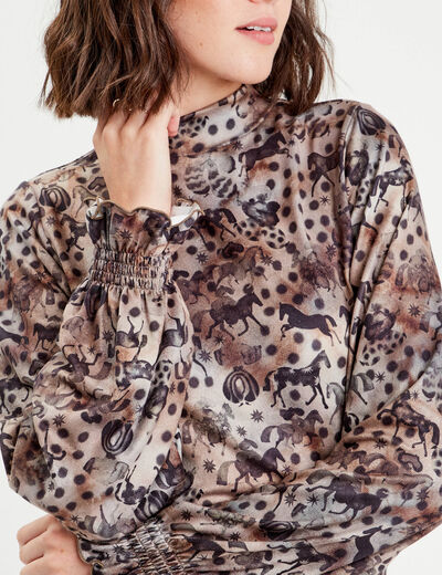 T-shirt col montant marron femme