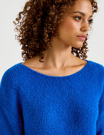Pull ample col bateau manches longues bleu electrique femme