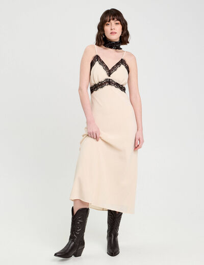 Robe longue ajustée dentelle sable femme