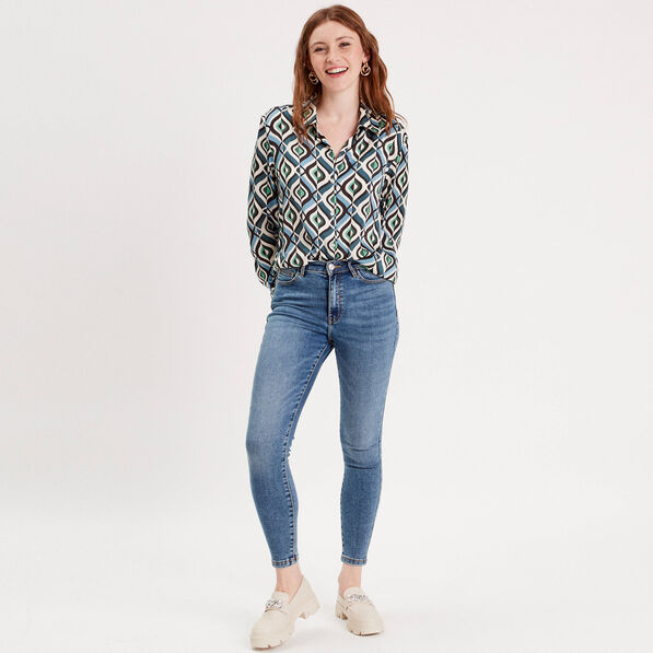 Chemise satin manches longues bleu femme