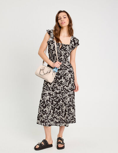 Robe longue évasée volants noir femme