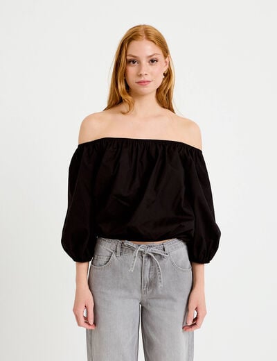 Blouse oversize col bardot manches 3/4 noir femme