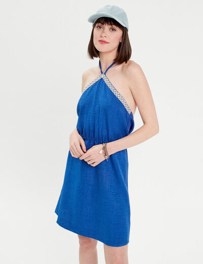 Robe évasée bretelles nouées bleu electrique femme