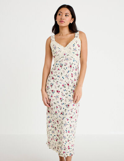 Robe d&eacute;collet&eacute; bretelles aspect dentelle beige clair femme