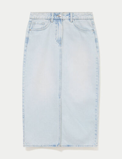 Jupe droite midi en jean 5 poches denim bleach femme