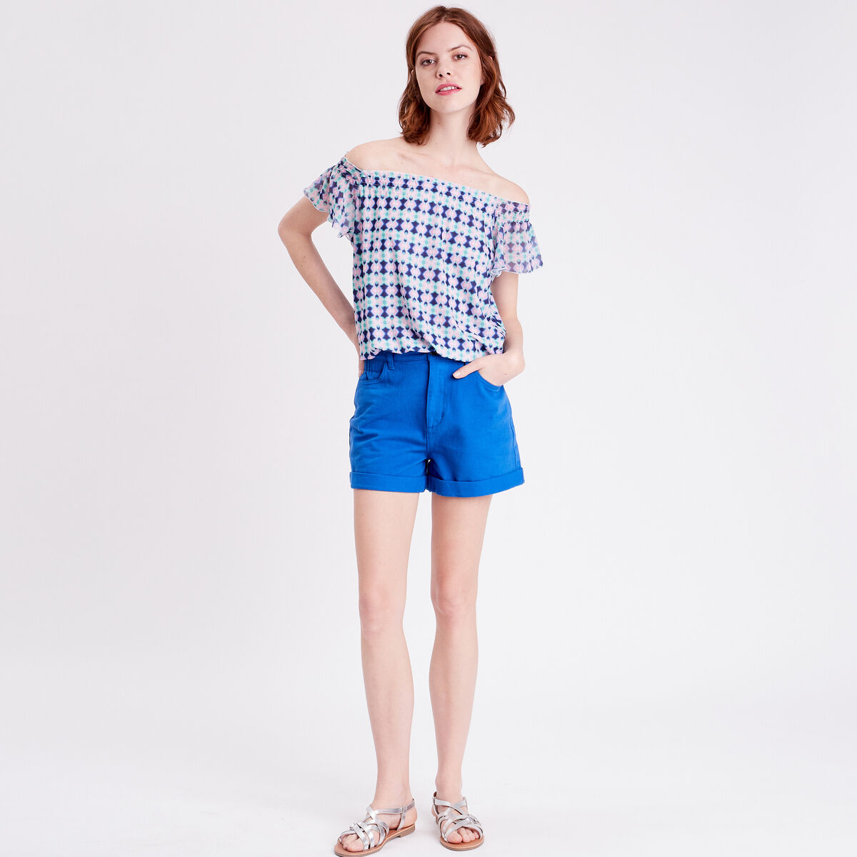 T-shirt manches courtes smocké bleu foncé femme