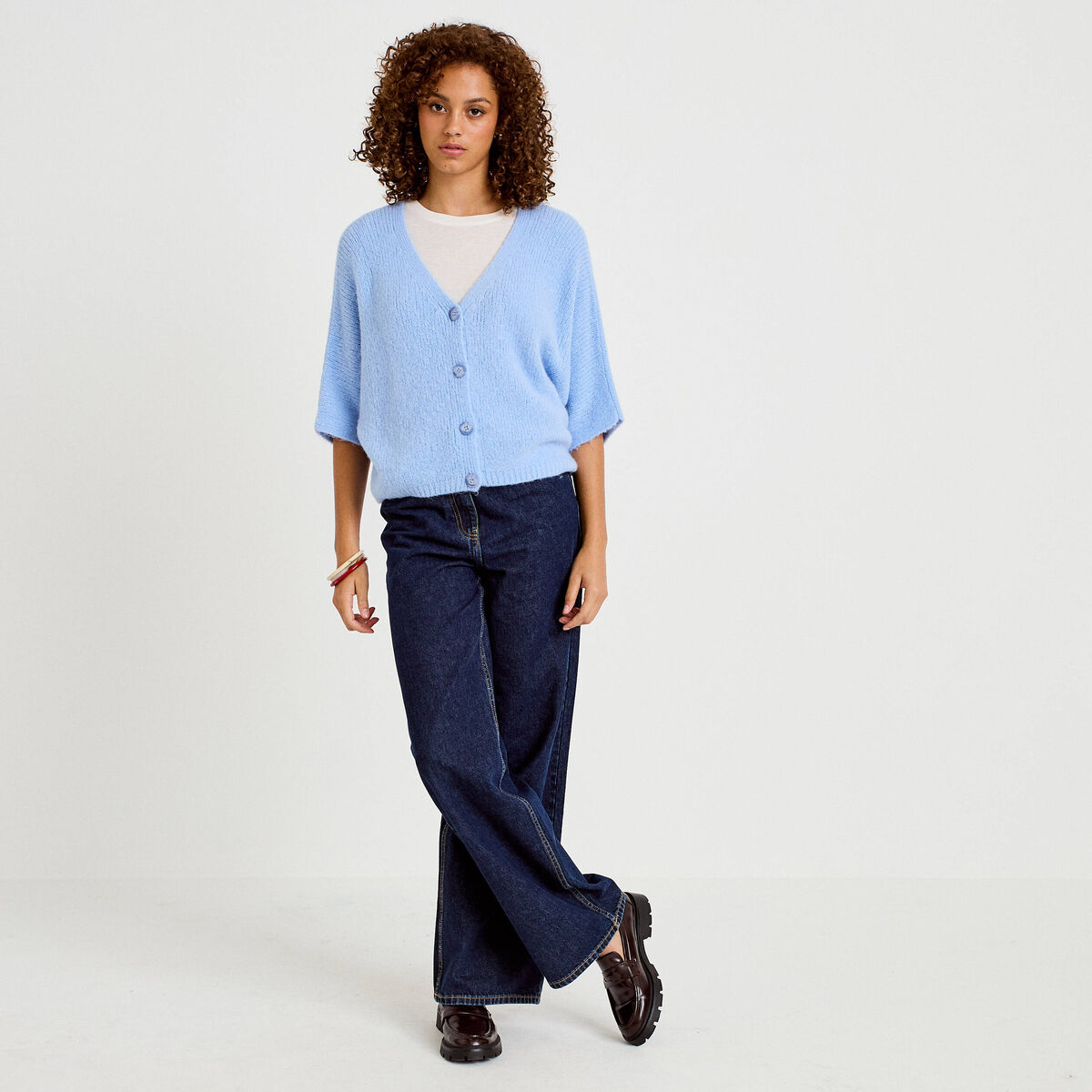 Gilet ample col v manches 3/4 bleu ciel femme