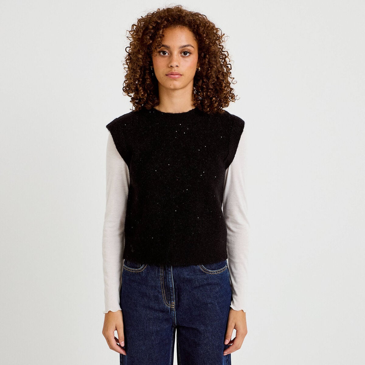 D&eacute;bardeur col rond avec sequin noir femme