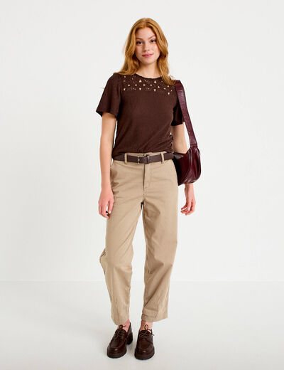 T-shirt manches courtes aspect dentelle marron fonc&eacute; femme