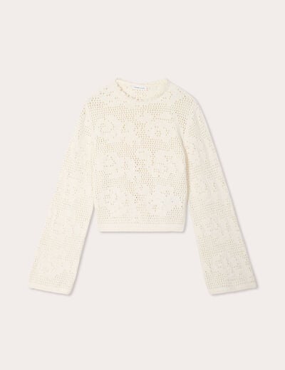 Pull ajouré manches longues ecru femme