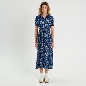 Robe chemise longue ceinturée bleu marine femme