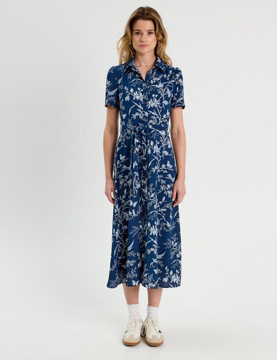 Robe chemise longue ceinturée bleu marine femme