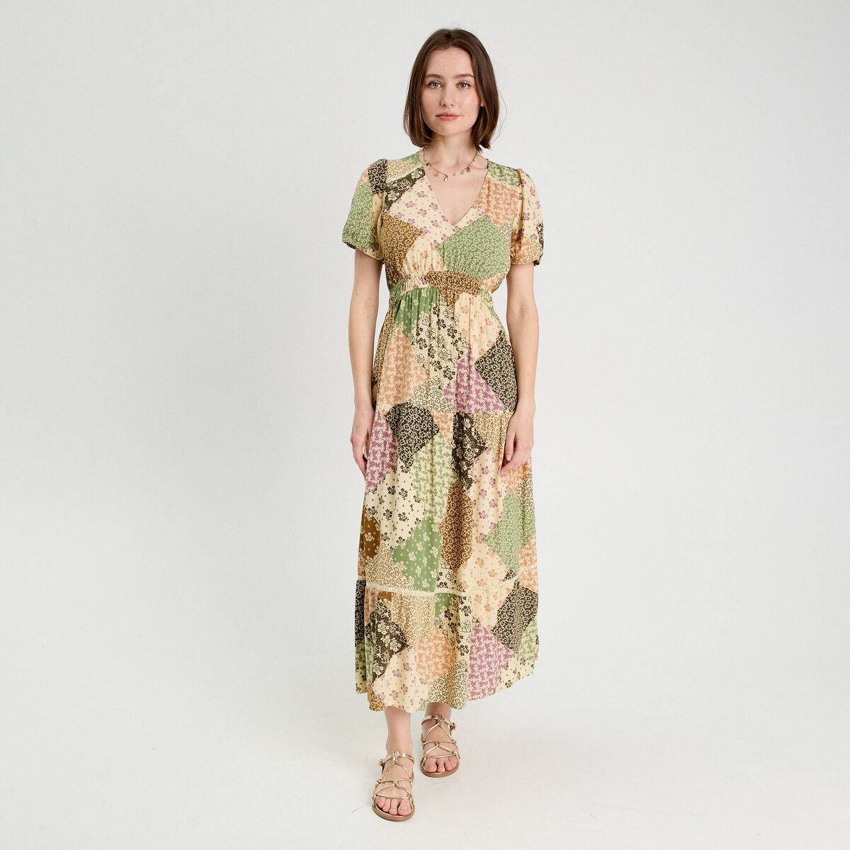 Robe longue évasée beige femme