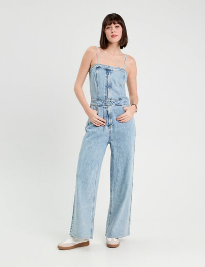 Combinaison pantalon en jean denim bleach femme
