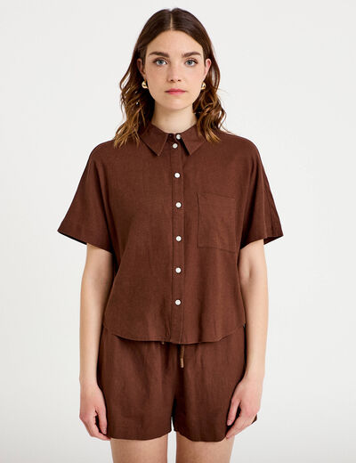 Chemise droite courte col classique marron femme