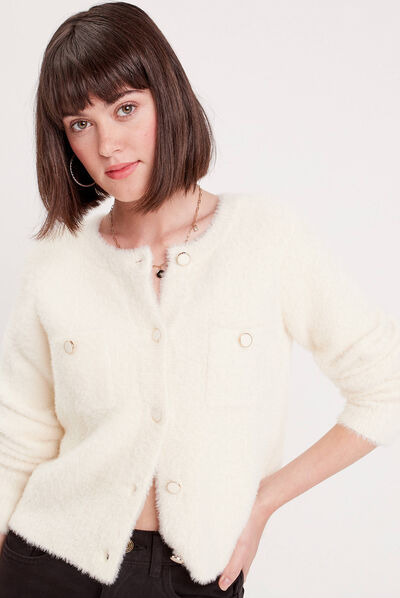 Gilet col rond boutonné ecru femme