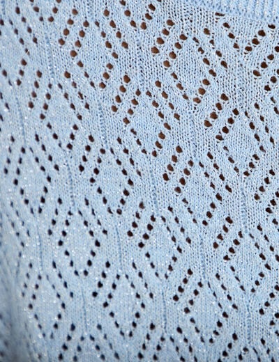 Pull ajour&eacute; col v manches courtes bleu ciel femme