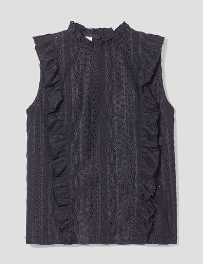 Blouse brodée avec volants noir femme