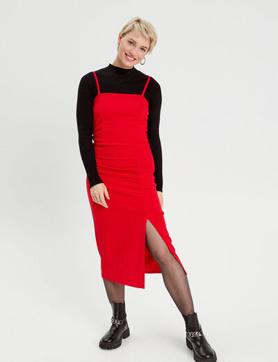 Robe longue ajustée fronces rouge femme