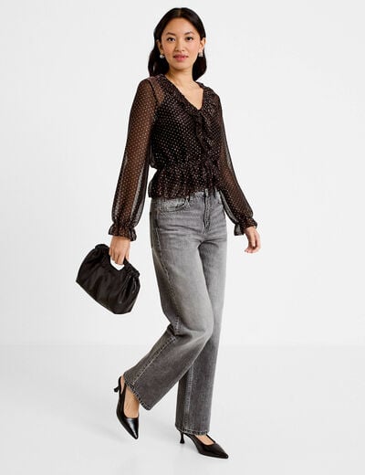 Blouse d&eacute;collet&eacute; manches longues marron fonc&eacute; femme