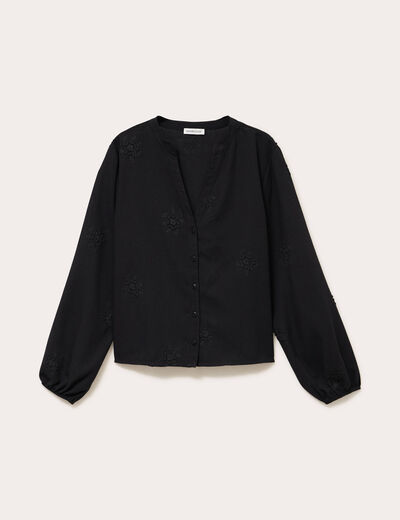 Blouse brod&eacute;e col V noir femme