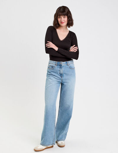 T-shirt thermique col en V plumetis noir femme