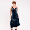 Robe longue en velours d&eacute;tails dentelle bleu canard femme
