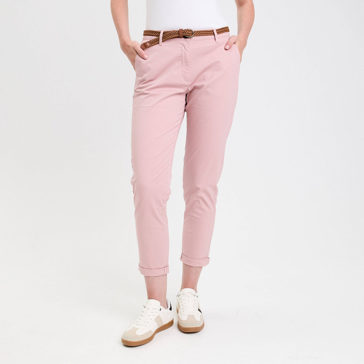 Pantalon chino 7/8&egrave;me rose pastel femme