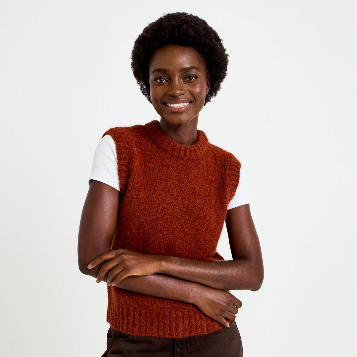 Pull sans manches marron cognac femme